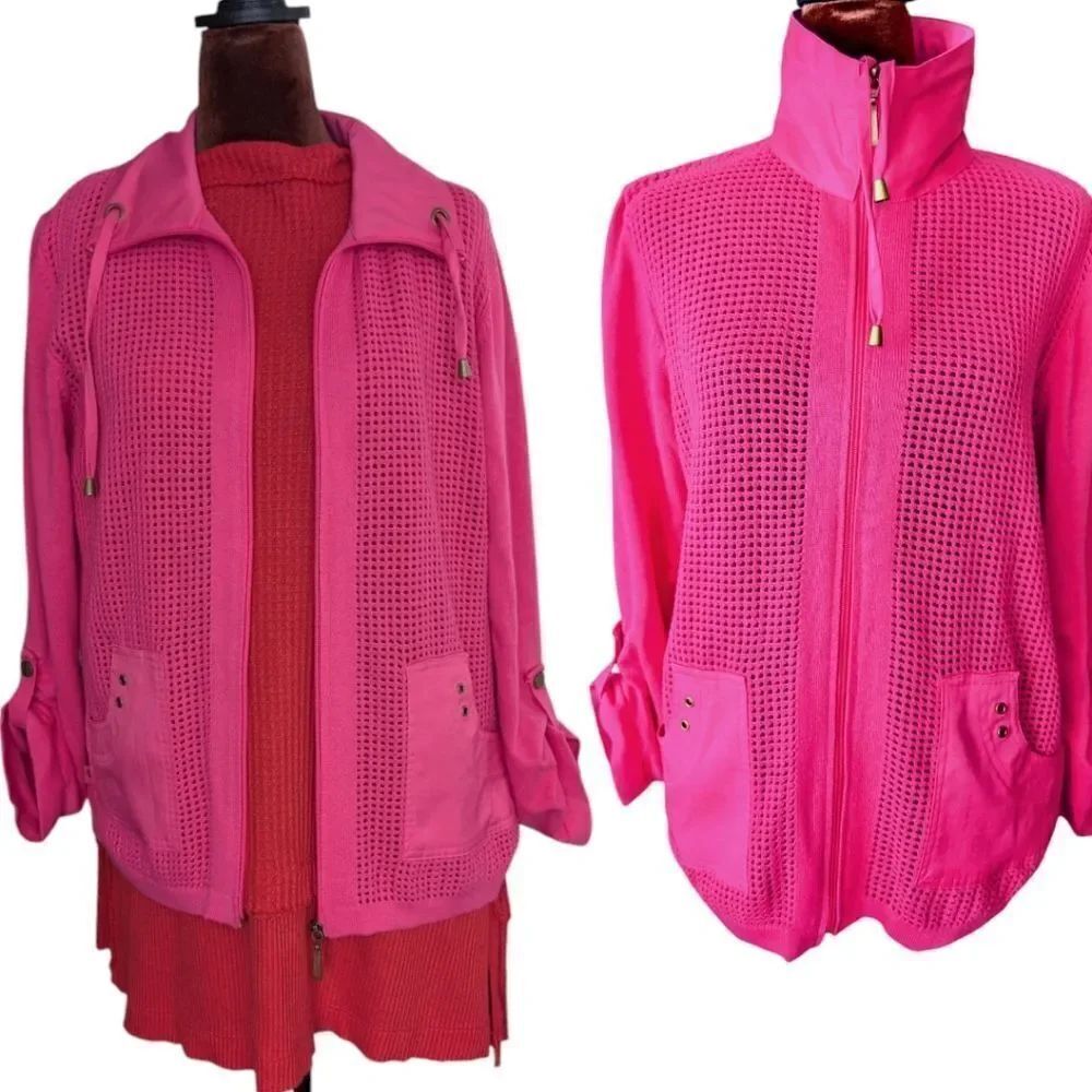 Nwot Fuchia Pink 💯% Cotton Knit Mech Cardigan Jacket with Pocket Detail Size Mp